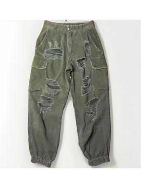 CARMAR Distressed Cargo Pants Green Cotton Twill Tapered Pockets Size 6